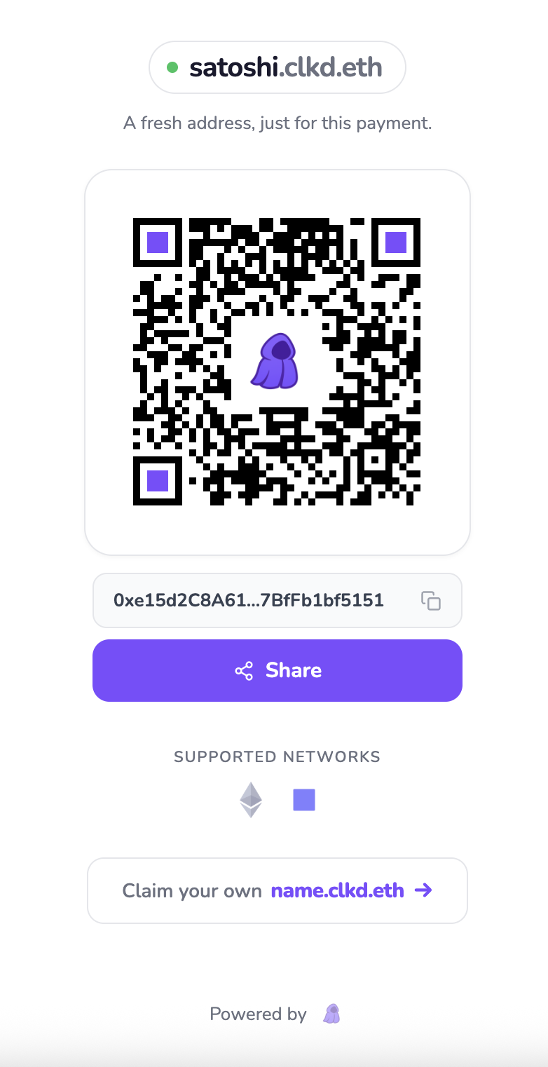 Receiving funds interface showing QR code and address